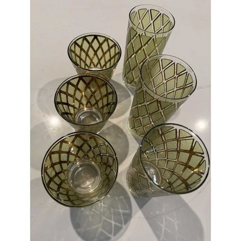 VTG MCM Set Of 6 Culver Valencia Bar Highball/Lowball Tumblers Green & 22k Gold